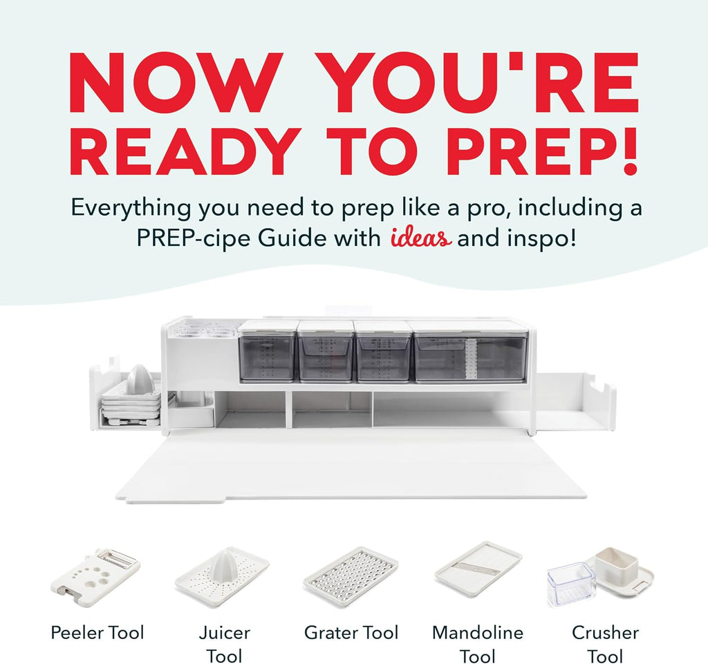 Prepdeck Gen 2 Recipe Prep & Storage Station - 8 Essential Tools + Deluxe Cutting Board, 14 Plastic Containers + Super-Seal Lids, Removable Trash Compartments, Tablet Stand Included - White Stone