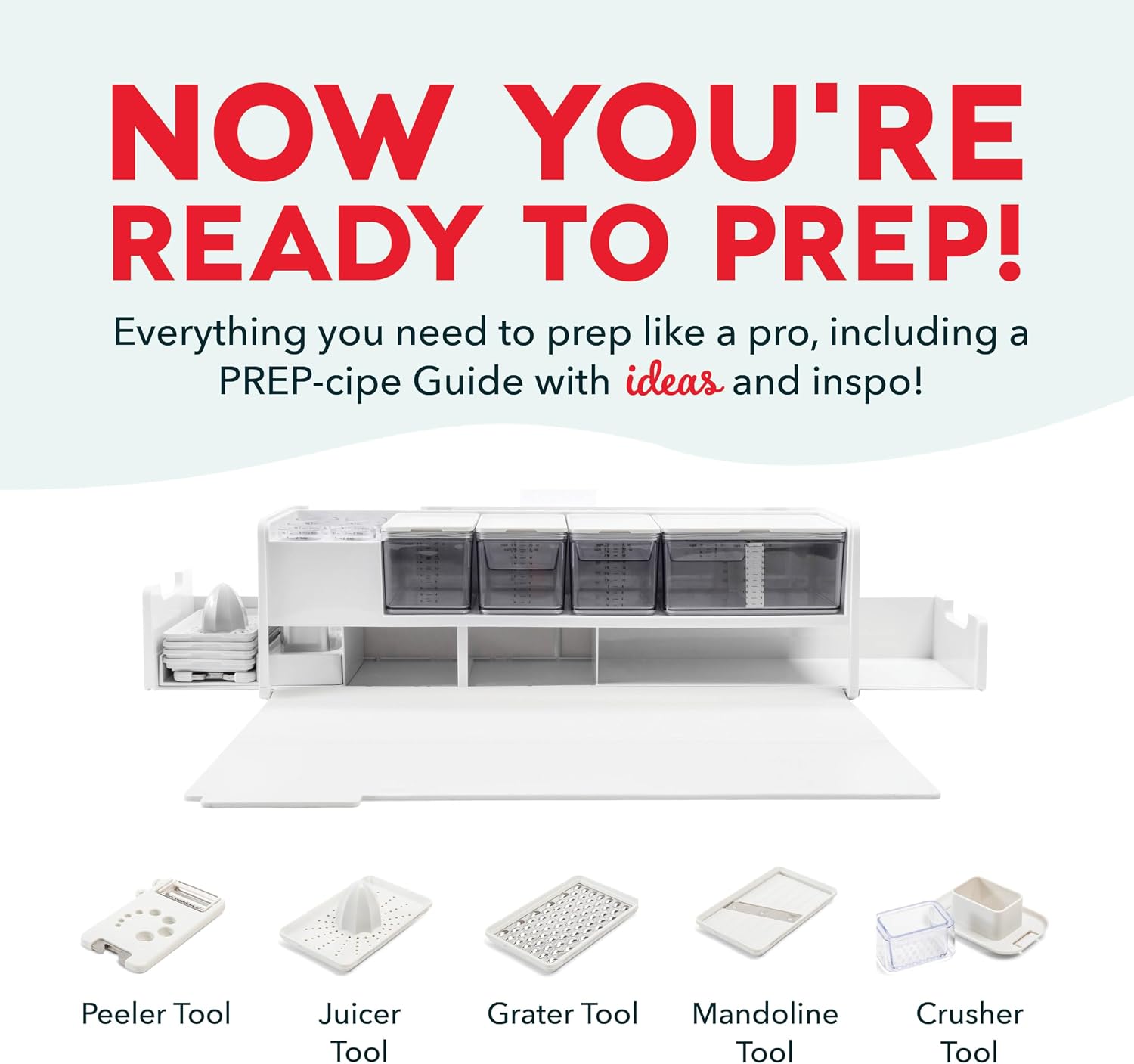Prepdeck Gen 2 Recipe Prep & Storage Station - 8 Essential Tools + Deluxe Cutting Board, 14 Plastic Containers + Super-Seal Lids, Removable Trash Compartments, Tablet Stand Included - White Stone