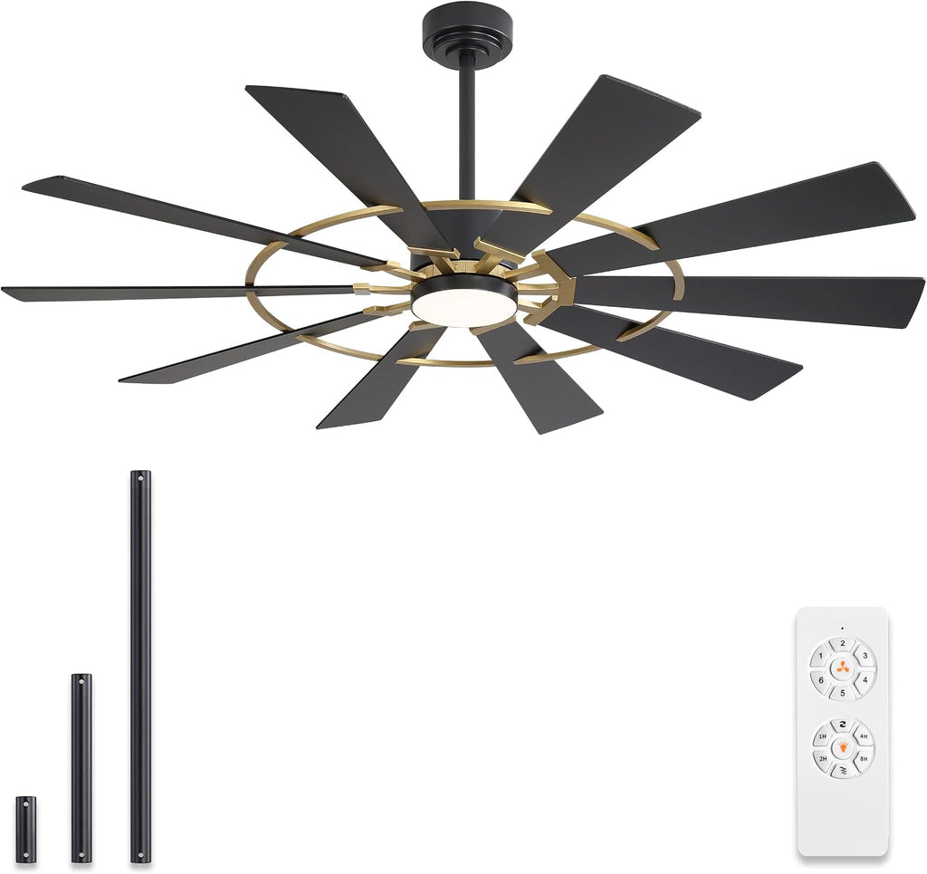 WINGBO 72' Windmill Ceiling Fan with Lights, 3 Downrod, 6-Speed Reversible DC Motor, 3CCT, 10 Blade Indoor Farmhouse DC Ceiling Fans for Kitchen Bedroom Living Room Patio, Aged Brass and Black