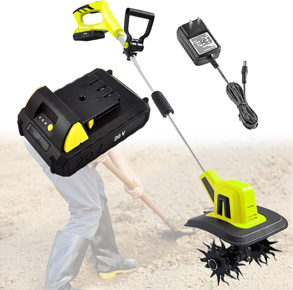 Electric Rotavator Garden Tiller, 20V Electric Cordless Tiller Cultivator with 12Ah Rechargeable Lithium Battery, Portable Soil Tiller Rotavator for Gardens,Vegetable Plots