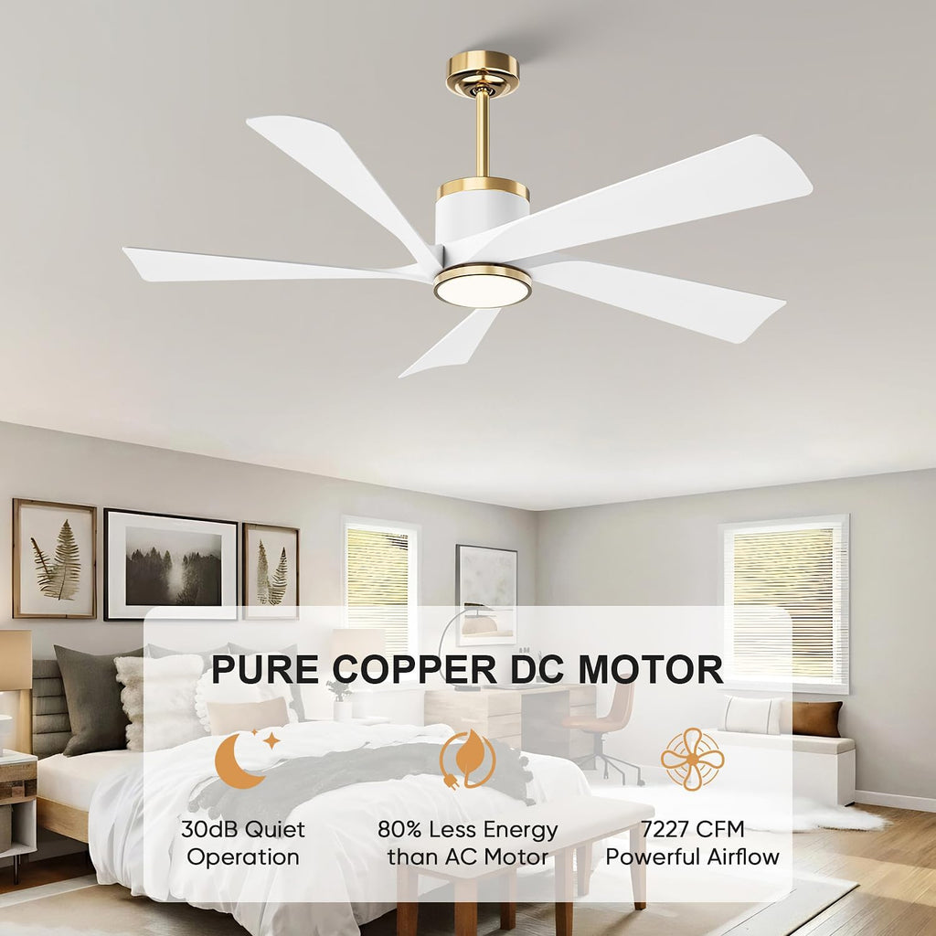 TXCSLY 52' Ceiling Fans with Lights and Remote, Modern Ceiling Fan with Light, Indoor Outdoor Ceiling Fan for Living Room, Bedroom, 5 Blade 3 Color Temperature LED Dimmable (White & Gold)