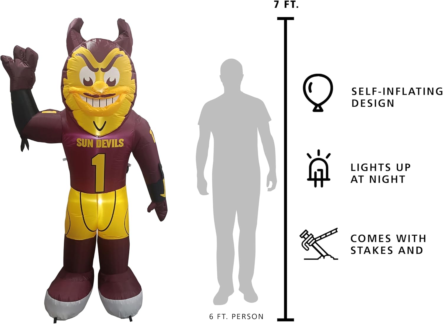 Logo Brands NCAA Arizona State Sun Devils 7 FT Inflatable Mascot -Powerful 12V Blower & Fast Setup – LED Yard Decoration for Game Day, Tailgates, Holidays – NCAA Team Outdoor Décor