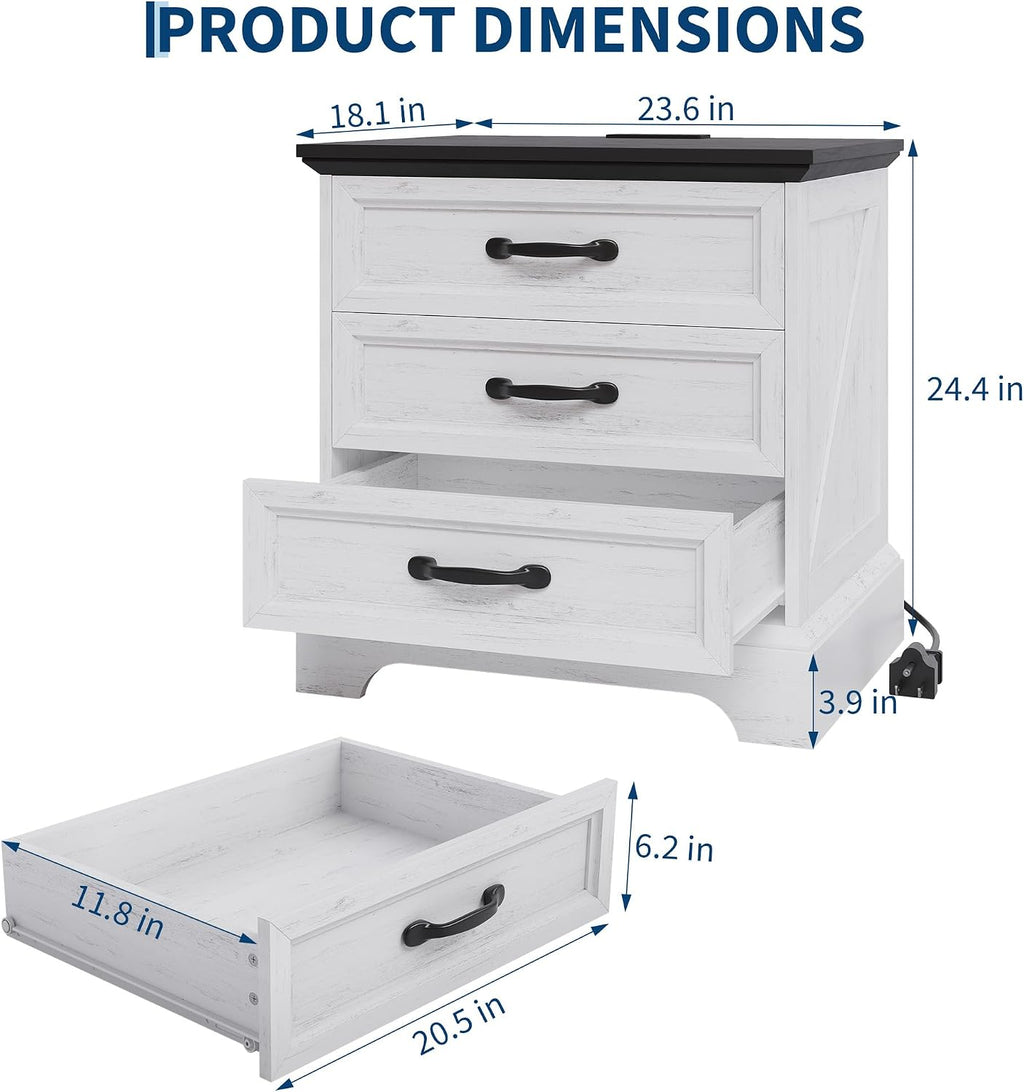 Modern Farmhouse Wood Nightstand with Charging Station & 3 Large Drawers, 24 Inch Wide Rustic Bedside Table & End Table with Storage Bedside Cabinet for Bedroom Living Room Small Space White