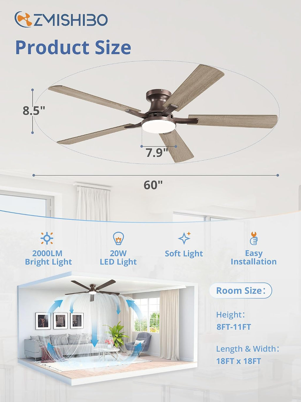 ZMISHIBO 60 Inch Ceiling Fan with Light, App&Remote Control, Flush Mount Low Profile, Dimmable 20W LED Light, Quiet Reversible Motor for Bedroom, Living Room, Apartment, Brown