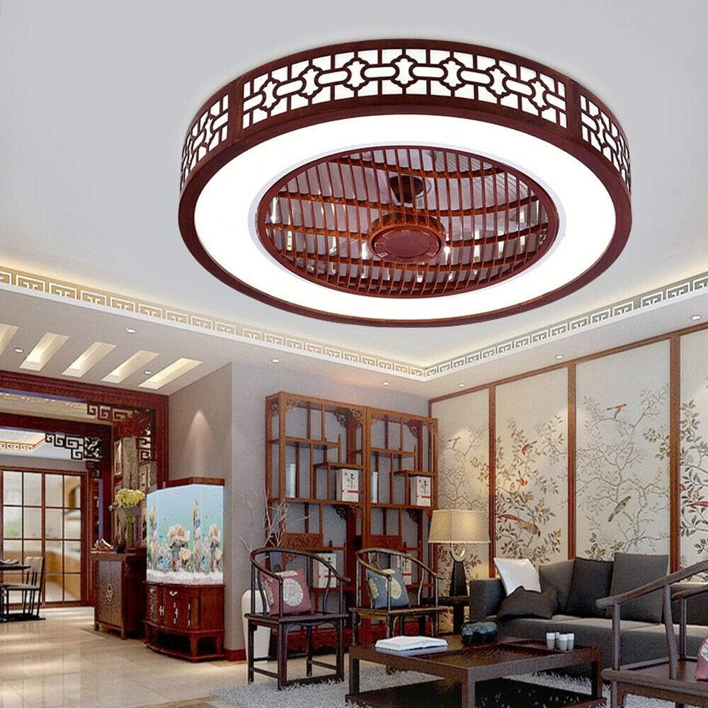 22' Round Wood Ceiling Fan with Lights, Red Retro Cutout LED Remote Control 3 Colors Lighting Modes, Acrylic Blades Metal Shell Semi Flush Mount Low Profile Lamp Home Dining Room Indoor