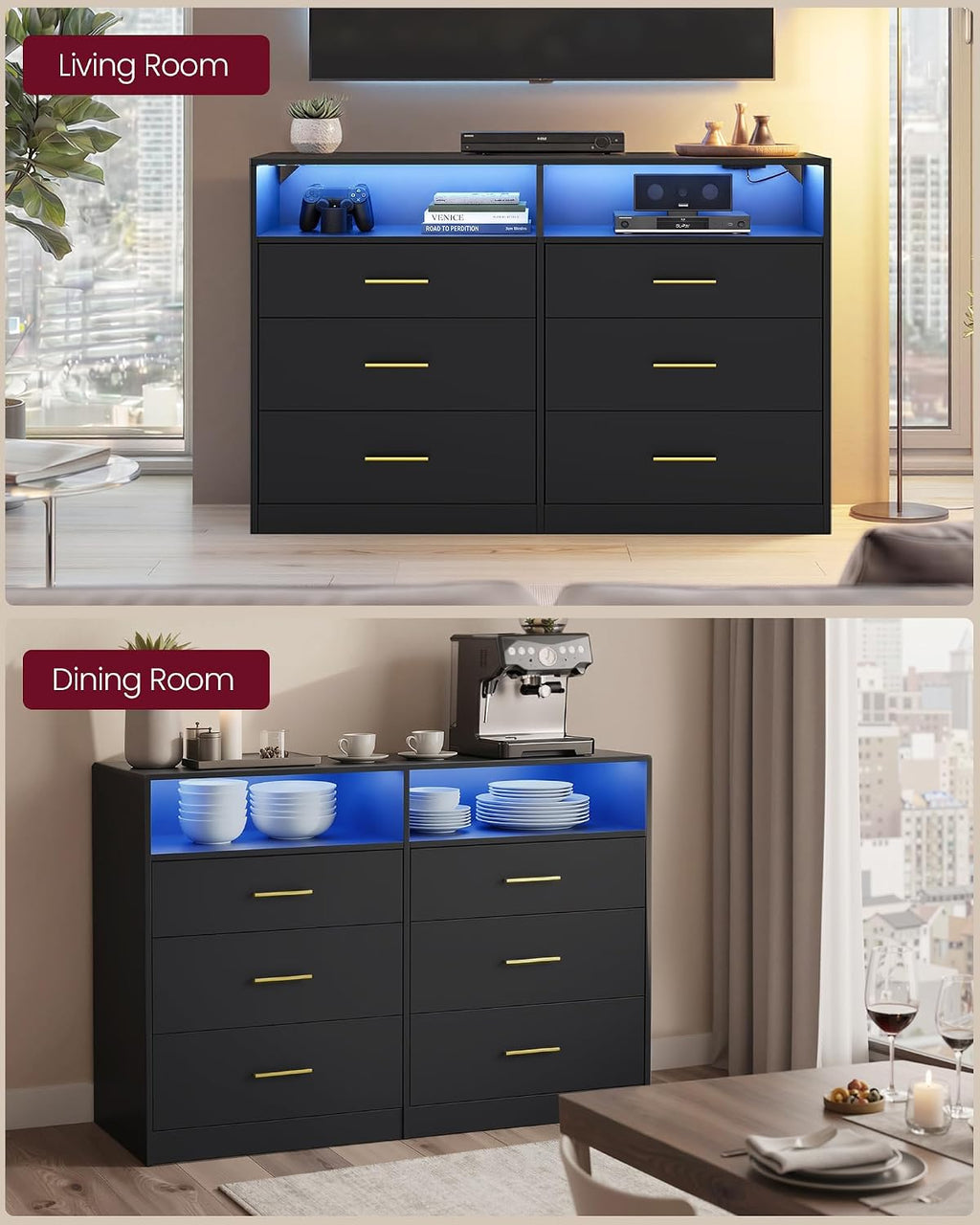 VASAGLE Custos Collection - Dresser for Bedroom, with LED Lights and Power Strip, Chest of Drawers, Modern, TV Stand for Living Room, 6 Drawers, 15.8 x 46.9 x 32 Inches, Ink Black ULTS316BC01S