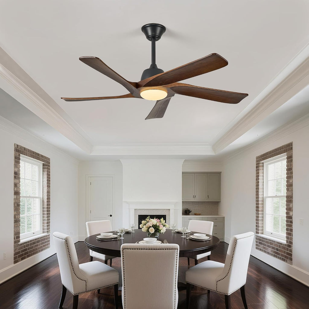 52' DC Ceiling Fan with Light, 5 Solid Wood Blades, Remote and APP Control, 3-color Dimmable, 6-speed Reversible, Quiet Ceiling Fan for Bedroom, Living Room, Dark Walnut