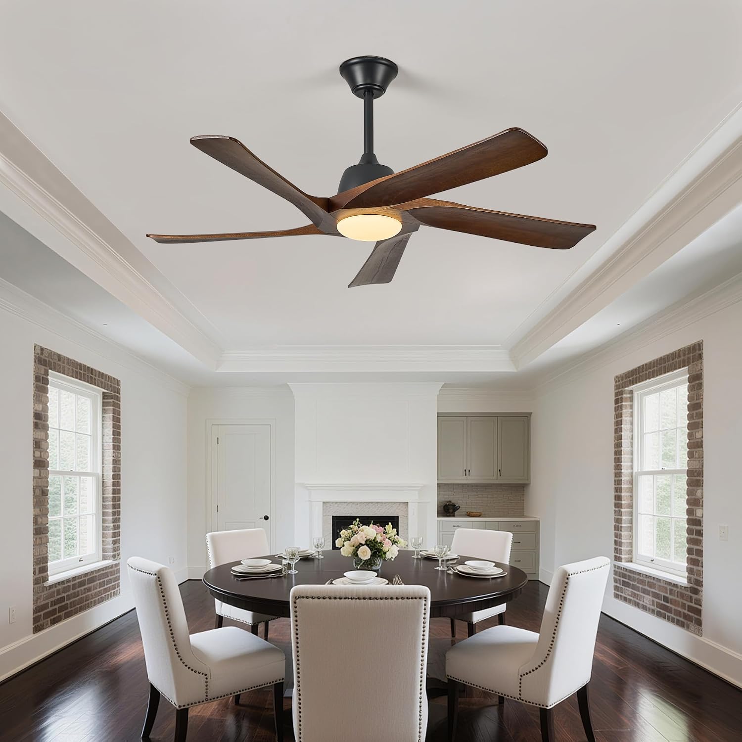 52' DC Ceiling Fan with Light, 5 Solid Wood Blades, Remote and APP Control, 3-color Dimmable, 6-speed Reversible, Quiet Ceiling Fan for Bedroom, Living Room, Dark Walnut