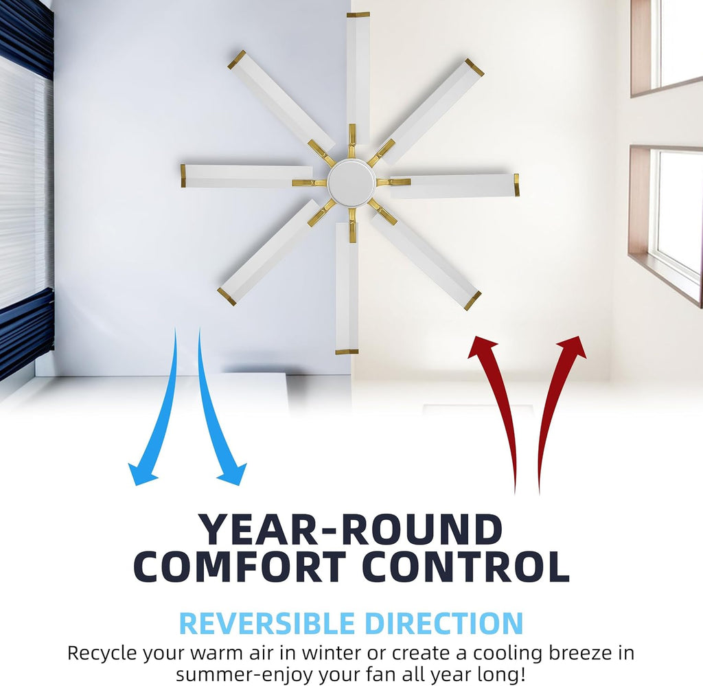 WINGBO 72' Large Industrial Ceiling Fans No Lights, 8 Aluminum Blades, 6-Speed Powerful Brushless DC Motor Reversible, High Volume 9760 CFM at 129 RPM, Commercial and Residential, Brass and White