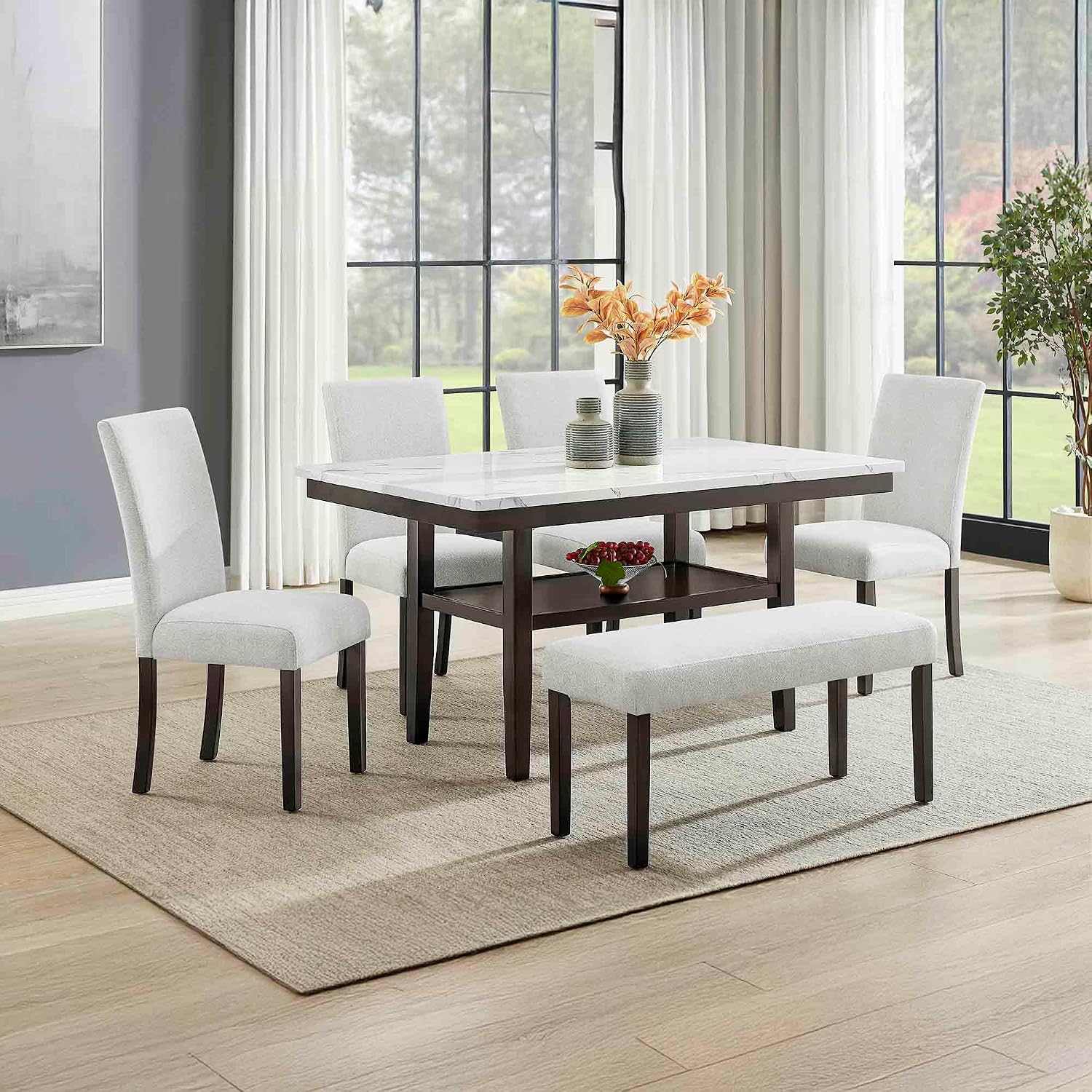 New Classic Furniture Carissa 6-Piece Wood Rectangle Dining Set in Stone