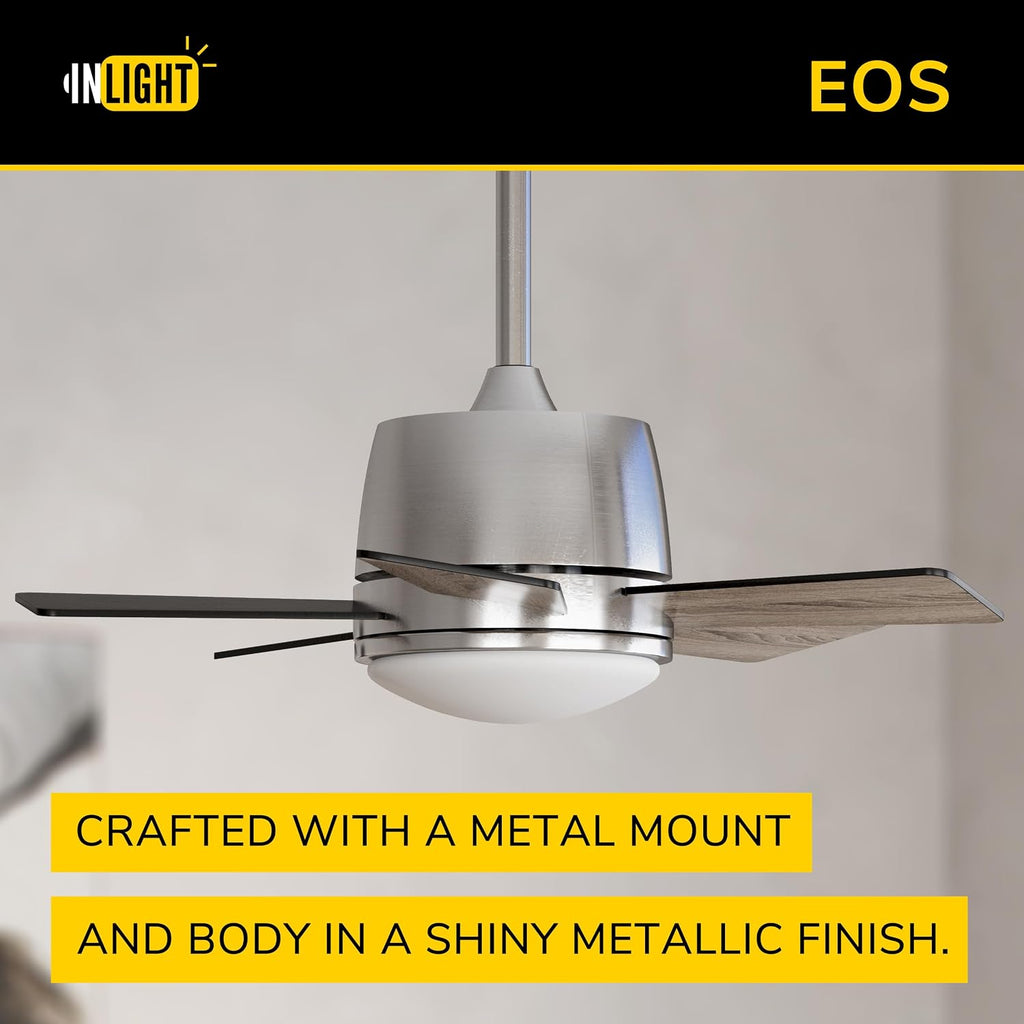 Inlight 30' Integrated LED Indoor Brushed Steel AC Motor Ceiling Fan with Light and Remote, Five Reversible Blades in a Black and Barnwood Finishes, IN-0715-1-MD
