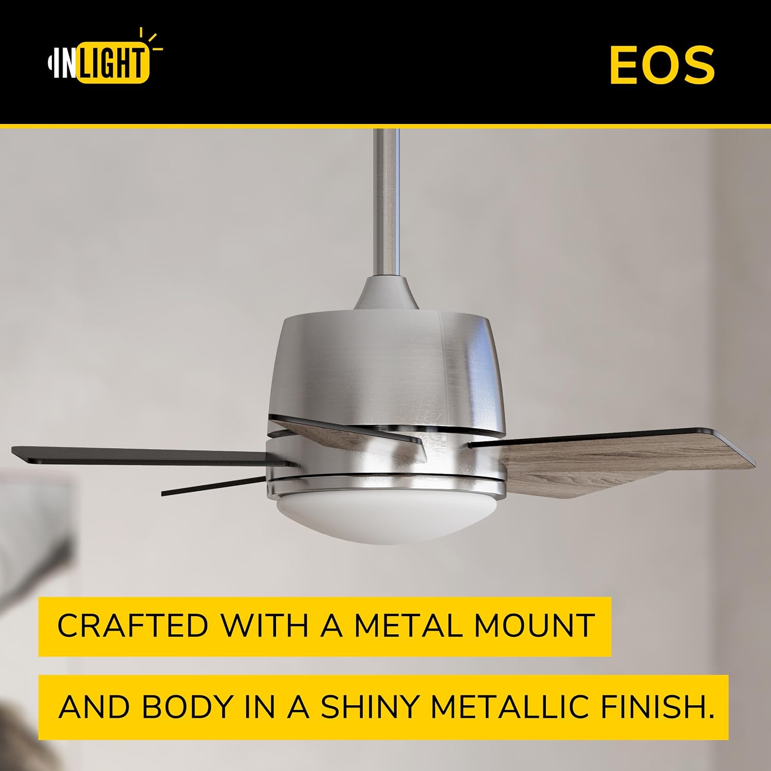 Inlight 30' Integrated LED Indoor Brushed Steel AC Motor Ceiling Fan with Light and Remote, Five Reversible Blades in a Black and Barnwood Finishes, IN-0715-1-MD