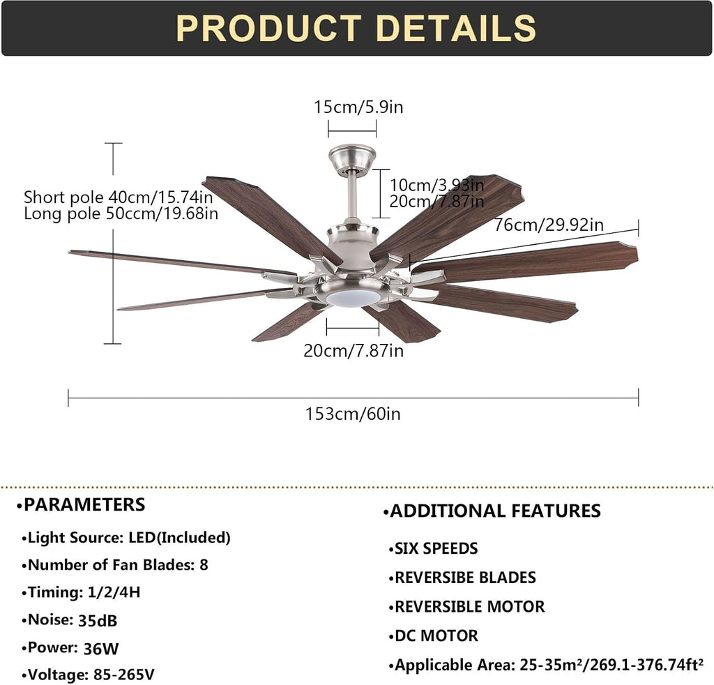 Ceiling Fans with Lights, 60 Inch Modern Low Profile Ceiling Fan with Remote Control 6 Speeds, 3000-6000K Dimmable Timing (1/2/4 hours) 8 Blades Large Ceiling Fan for Indoor and Outdoor Bedroom Patios