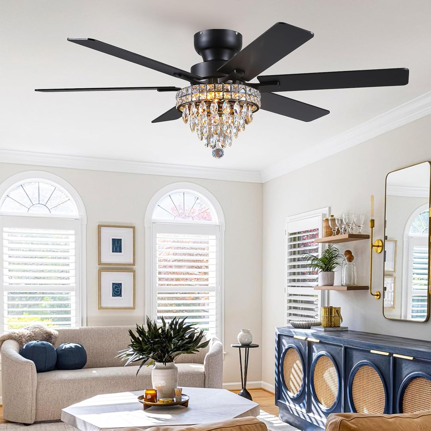 Asyko Chandelier Ceiling Fan -52' Crystal Ceiling Fan- Fandelier Fan Light Black with Remote, Silent Reversible Motor, Dual-Sided 6 Blades, 3 Speed, Timer, Indoor Fan Ceiling