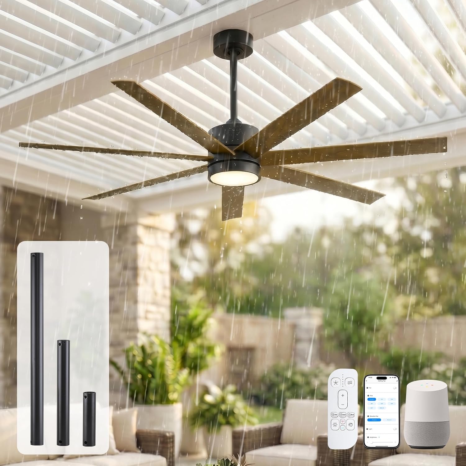 56 Inch Wet Rated Outdoor Ceiling Fan with Light, Waterproof All Weather 7 Brown Blades, Smart App/Voice/Remote Control, High CFM Quiet DC Motor & UV Coating, for Exterior Patios, Gazebo Porch Pergola