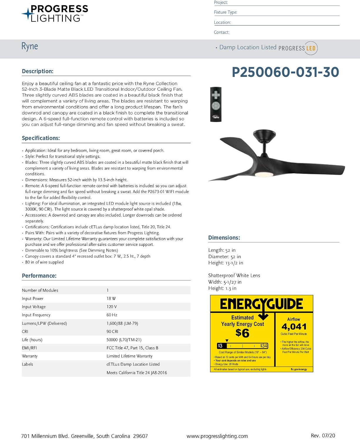 Ryne Collection 52-Inch 3-Blade Matte Black LED Transitional Indoor/Outdoor DC Ceiling Fan
