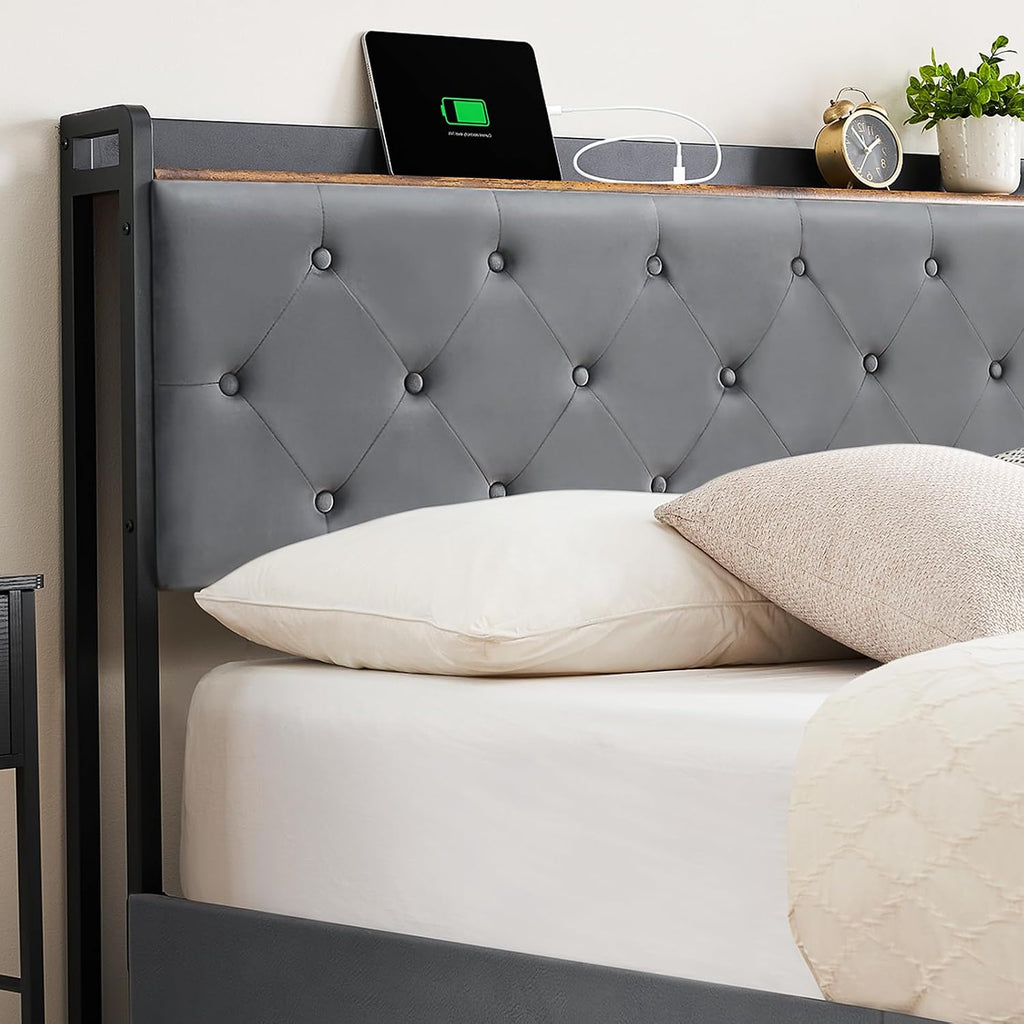 Queen Size Platform Bed Frame with Storage - 4 Drawers & Charging Station, Velvet Upholstered Headboard with Shelf, Sturdy Metal Frame, No Box Spring Needed, Luxury Bedroom Furniture for Modern Homes