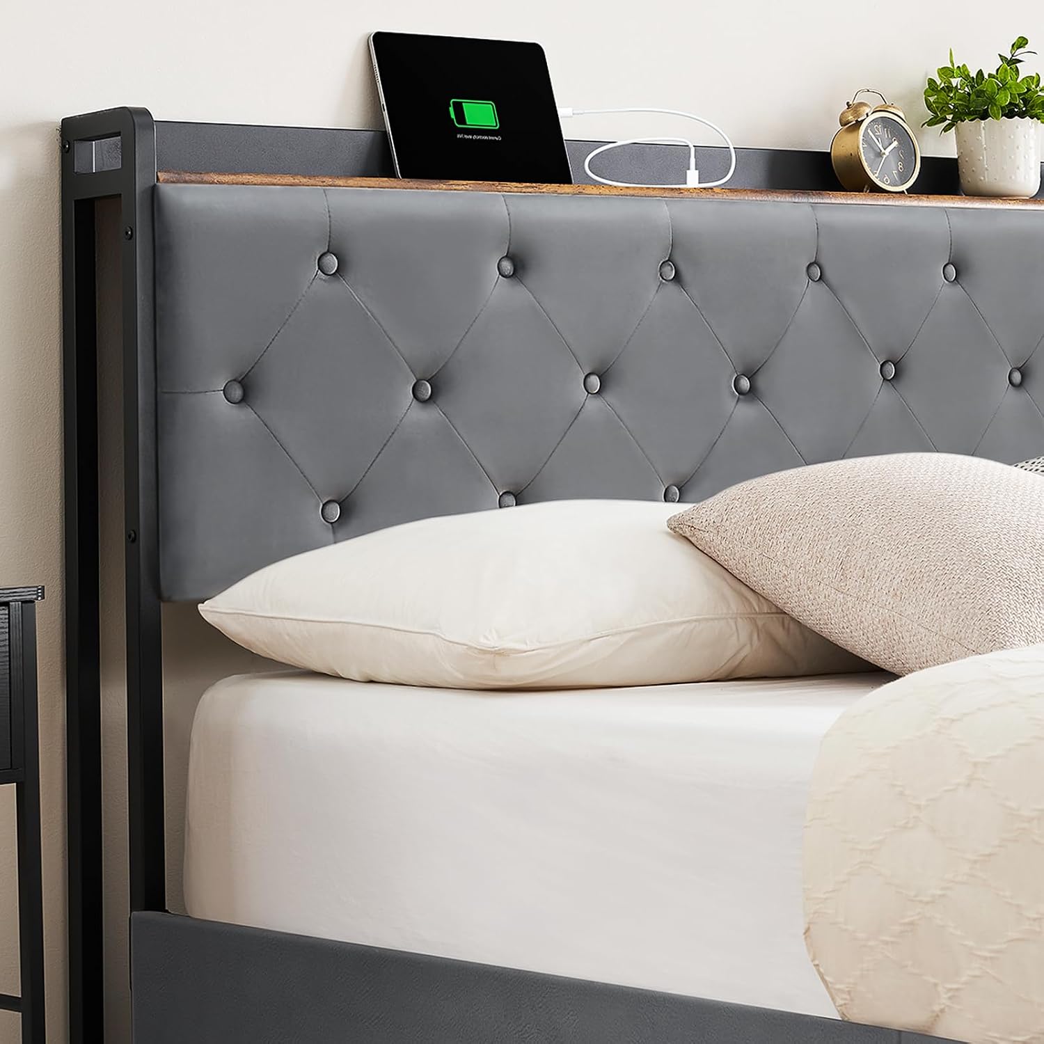 Queen Size Platform Bed Frame with Storage - 4 Drawers & Charging Station, Velvet Upholstered Headboard with Shelf, Sturdy Metal Frame, No Box Spring Needed, Luxury Bedroom Furniture for Modern Homes