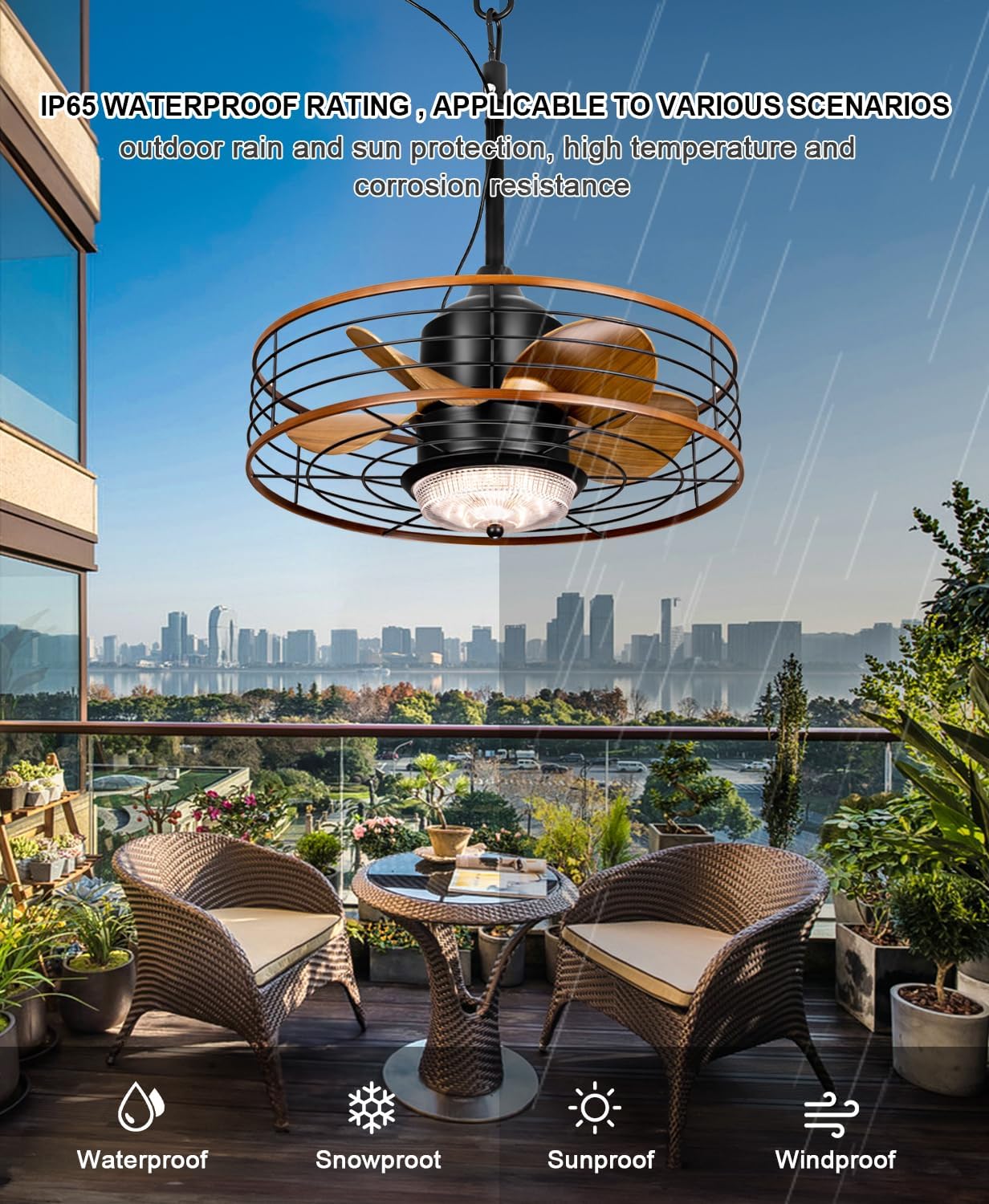 Outdoor Waterproof Caged Ceiling Fan with 3 Color LED Light, App/Remote Control, Quiet DC Motor, Plug-in Cord Hook Installation,Gazebo Ceiling Fan with Light for Patios, Pergola, Canopy
