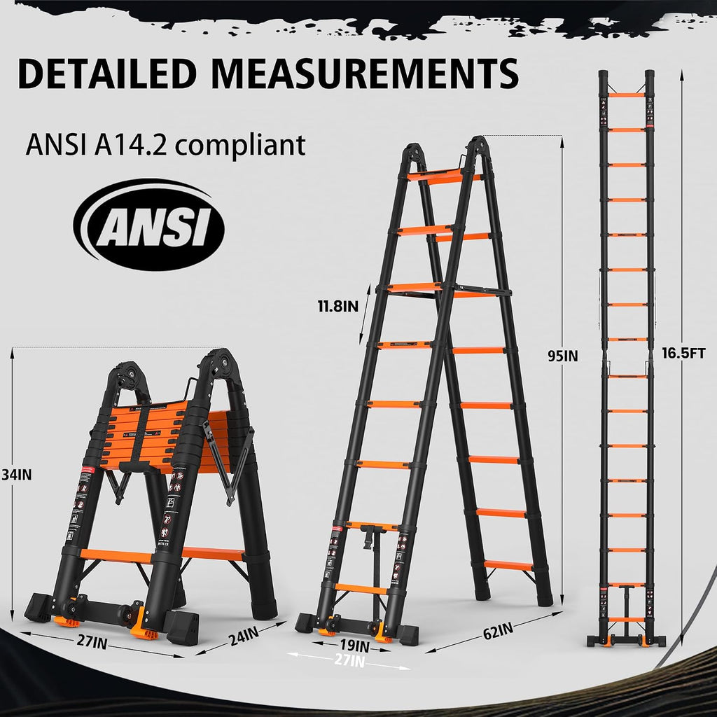 SINMEIRUN Telescoping Ladder, 8 Step, ANSI Certified, Type IA Heavy Duty, 330lbs Max Capacity, Aluminum Extension Ladder for Home, Roof, RV; Orange
