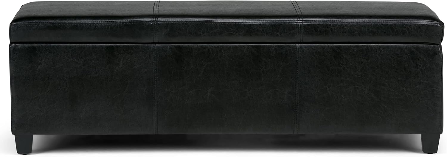 SIMPLIHOME Avalon Storage Ottoman Bench - 48' Wide x 16' High Upholstered Vegan Leather Rectangular Lift-Top Ottoman in Midnight Black, Contemporary Bench for Living Room with High-Density Foam
