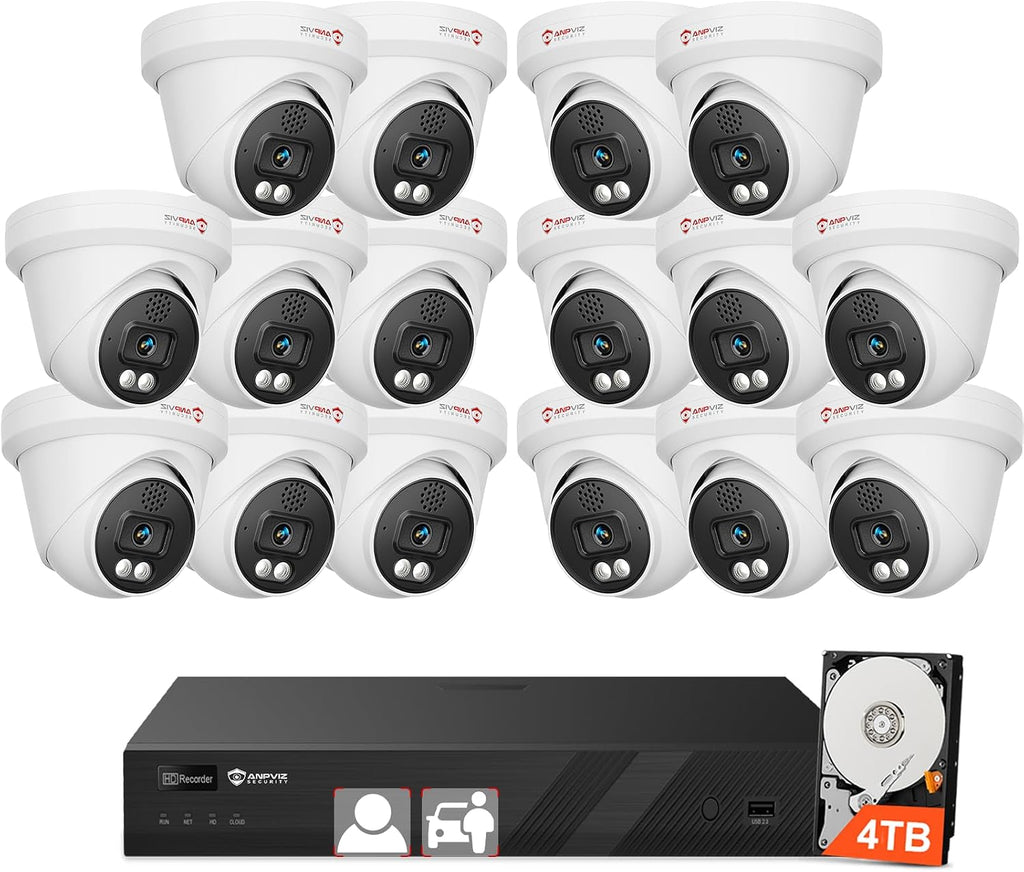 Anpviz 16CH 4K PoE Security Camera System with Two Way Audio, 16PCS 8MP Wired IP Turret Cameras Outdoor, Human Vehicle Detection,12MP PoE NVR with 4TB HDD for 24/7 Recording, for Business Home, NDAA