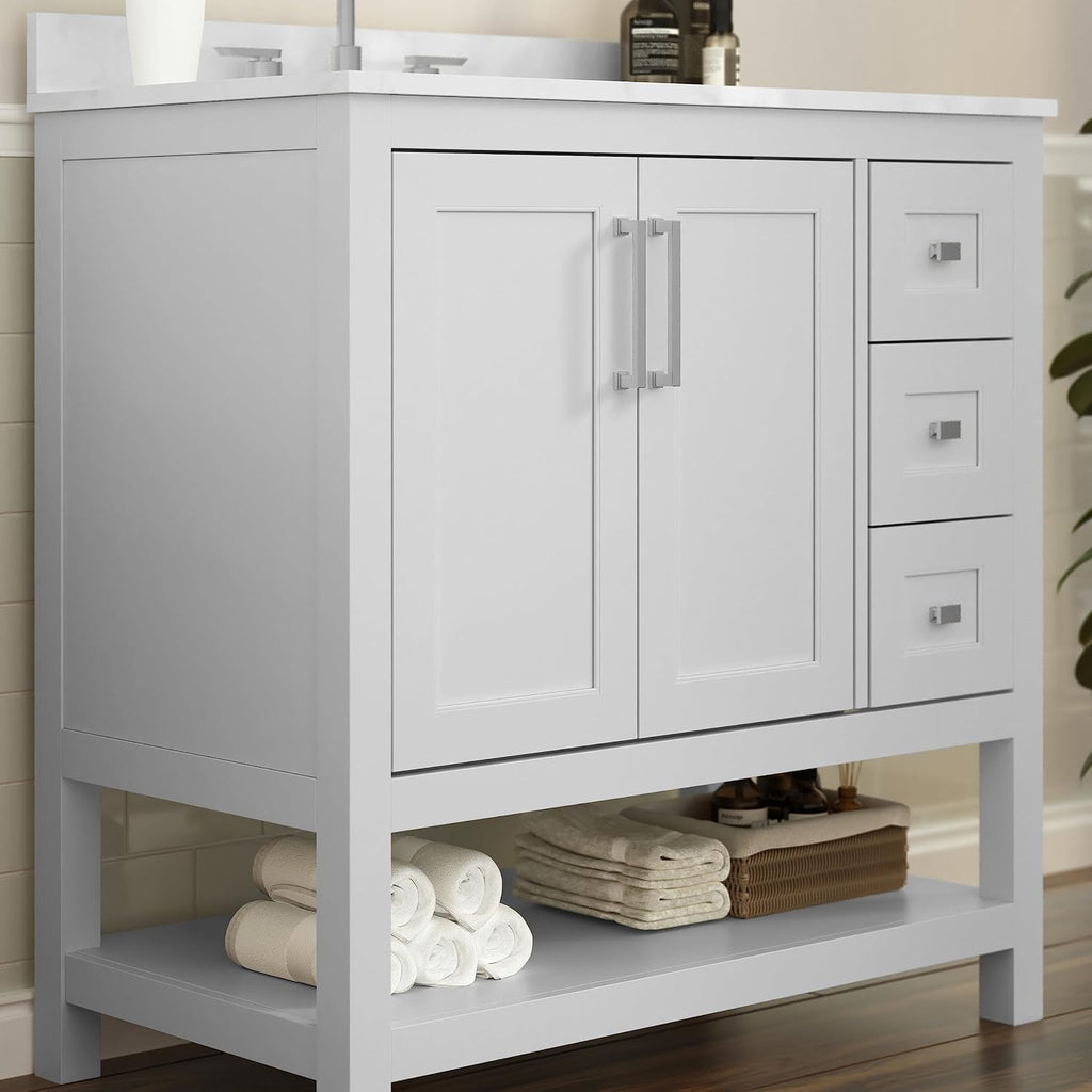 Flash Furniture Vega 36 Inch Bathroom Vanity with Sink, Storage Cabinet with Soft Close Doors, Open Shelf and 3 Drawers, Carrara Marble Finish Countertop, White/White