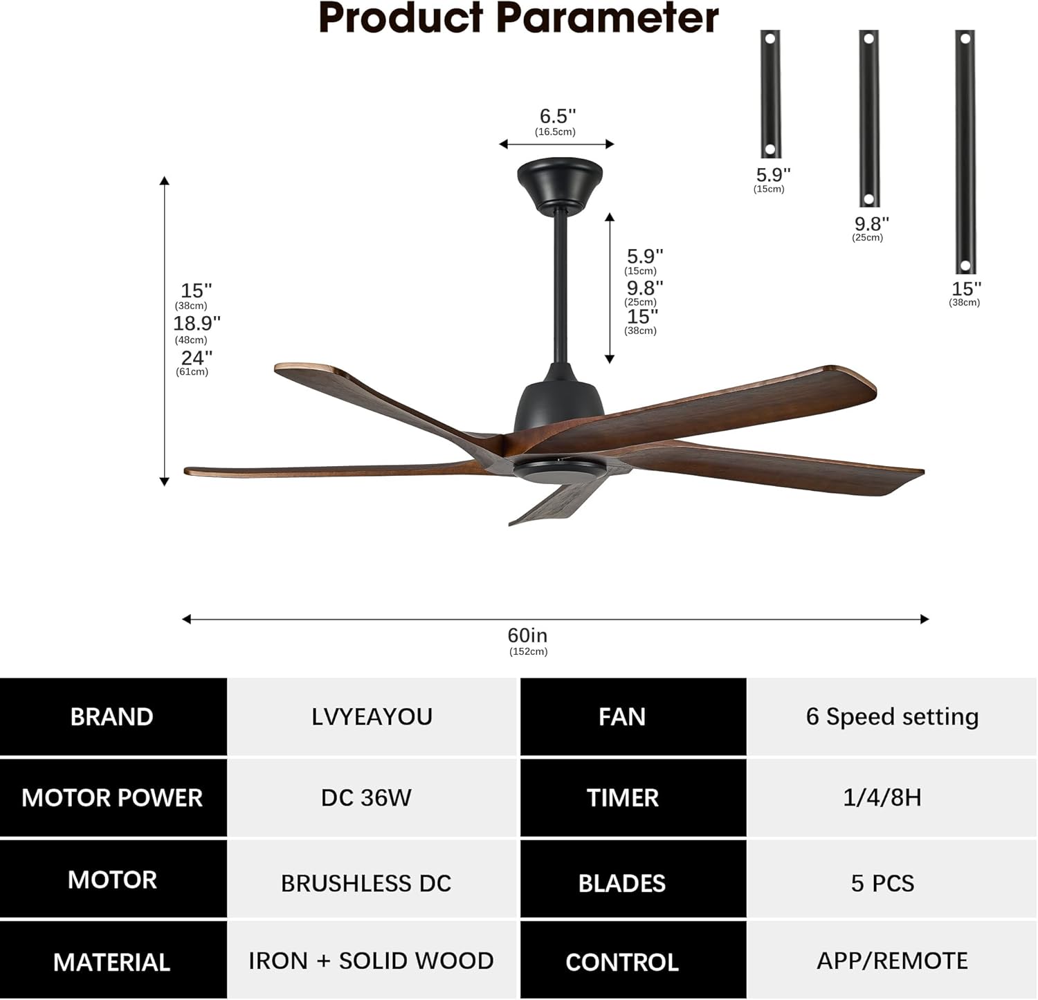 60 Inch Solid Wood Ceiling Fan No Lights, Remote and APP Control, DC Motor, 6-speed Reversible, Outdoor Ceiling Fans for Bedroom, Living Room, Office, Dark Walnut