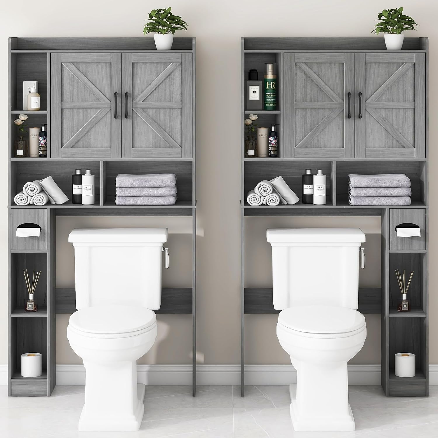Vabches Over The Toilet Storage Cabinet, Farmhouse Style with 2 Barn Doors, Toilet Paper Holder, Space-Saving for Bathroom & Laundry, Gray