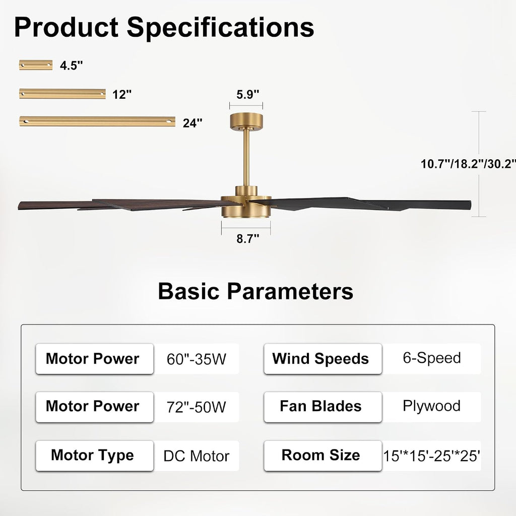 WINGBO 72' Ceiling Fan without Light, Modern Large Ceiling Fan with Remote Control, 6-Speed Reversible Noiseless DC Motor, Gold and Walnut/Black Blades for Living Room, Bedroom & Covered Outdoor