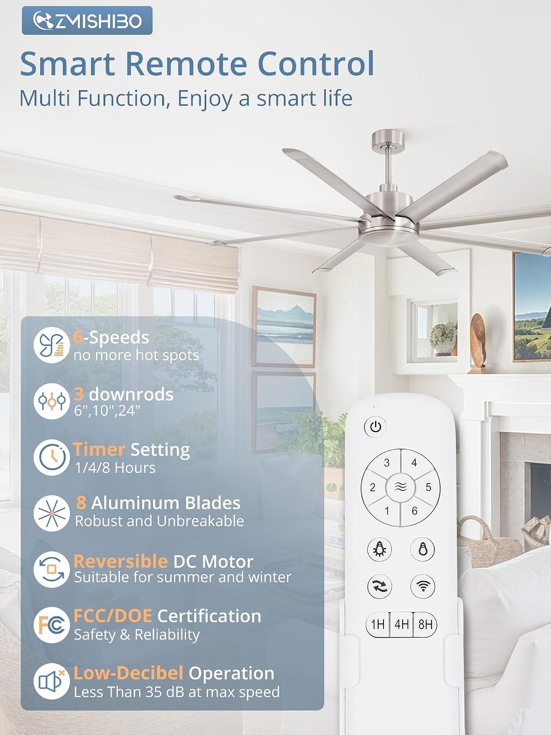 ZMISHIBO 72 Inch Large Ceiling Fan No Light, 8 Aluminum Blades, 6-Speed Remote Control, Industrial Ceiling Fan without Light, Quiet DC Motor, Indoor/Outdoor Ceiling Fans for Patio, Garage, Shop
