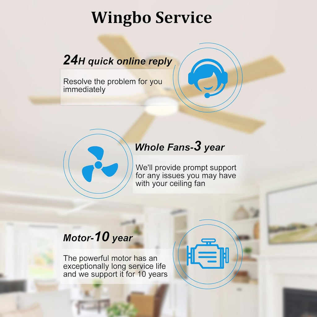 WINGBO Ceiling Fan with Lights - 54 inch Solid Wood Flush Mount Ceiling Fan with Remote,3CCT, Dimmable LED,5 Blades, 6-Speed Noiseless Powerful DC Motor, ETL Listed (White+Light Wood)