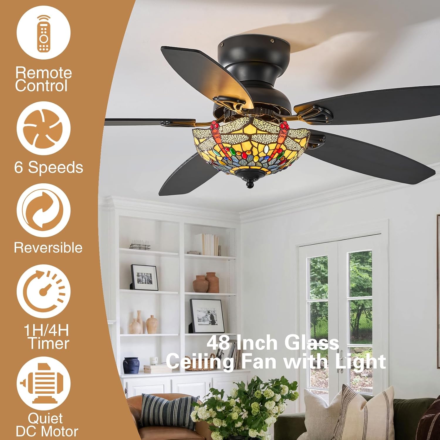 Tiffany Ceiling Fans with Lights - 48' Ceiling Fan Chandelier with 5 Dual-Blades and Glass Shade, 6 Speeds and Reversible, Indoor and Outdoor, Retro Style