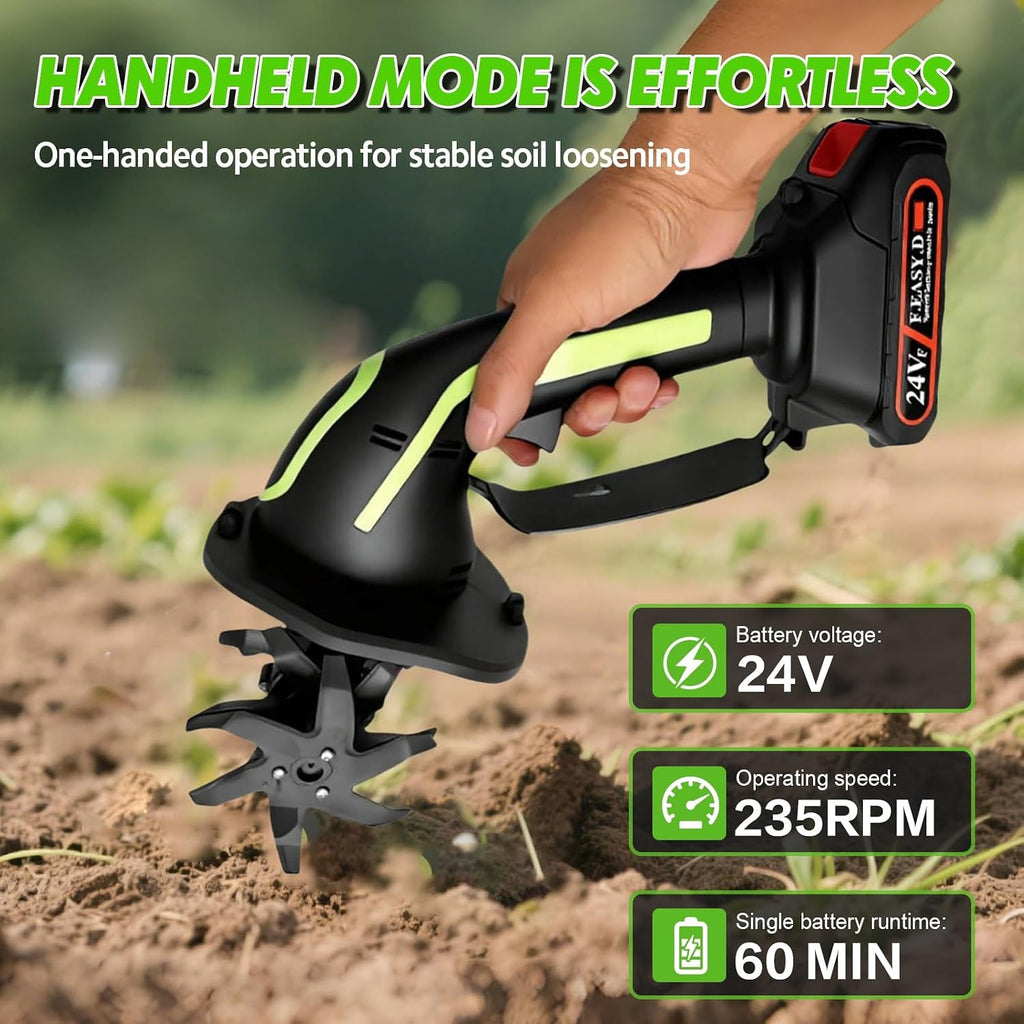 24V Cordless Tiller Cultivator, 2-in-1 Handheld & Extension Rod, 4'' Width & Depth, 235RPM Electric Garden Tiller, 2×1.5Ah Batteries & Charger, Lightweight for Raised Beds & Soil Cultivation