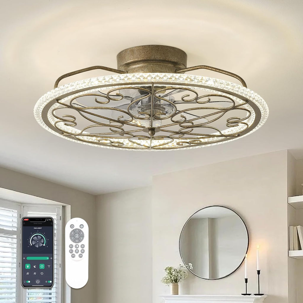 Low Profile Ceiling Fans with Lights Gold Crystal Chandelier Caged Fan Light Bedroom Fandeliers Flush Mount Ceiling Fan with Light for Girls Bedroom Living Room Kids Room