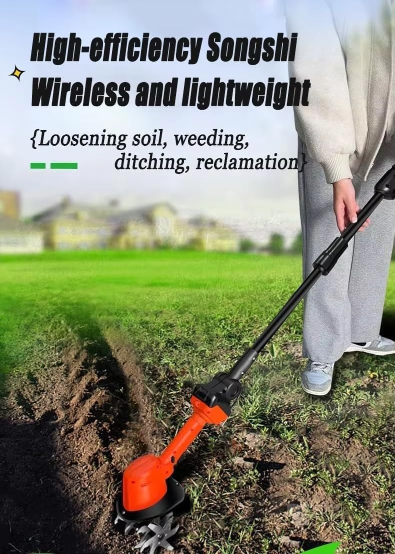 Cultivator Hoe,Cordless Electric Garden Tiller,Electric Digging Hoe Hand,2-in-1 Gardening Tools & Rake,with Rechargeable Lithium Battery & Telescopic Pole,for Loosening Soil and Weeding