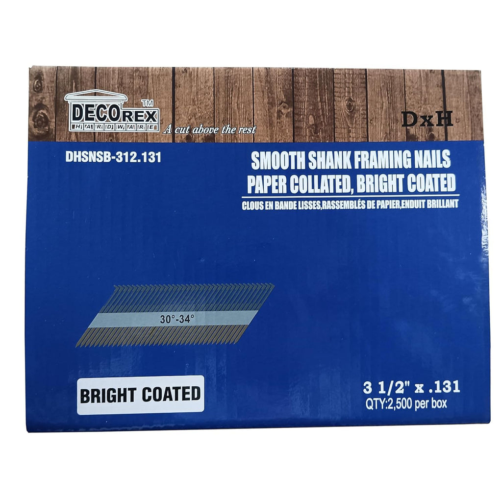 3-1/2 Inch Framing Nails – .131 Smooth Shank Paper Strip Collated, Clipped Head Nails for 30–34° Framing Nail Gun, Bright Coated, 2,500 Count