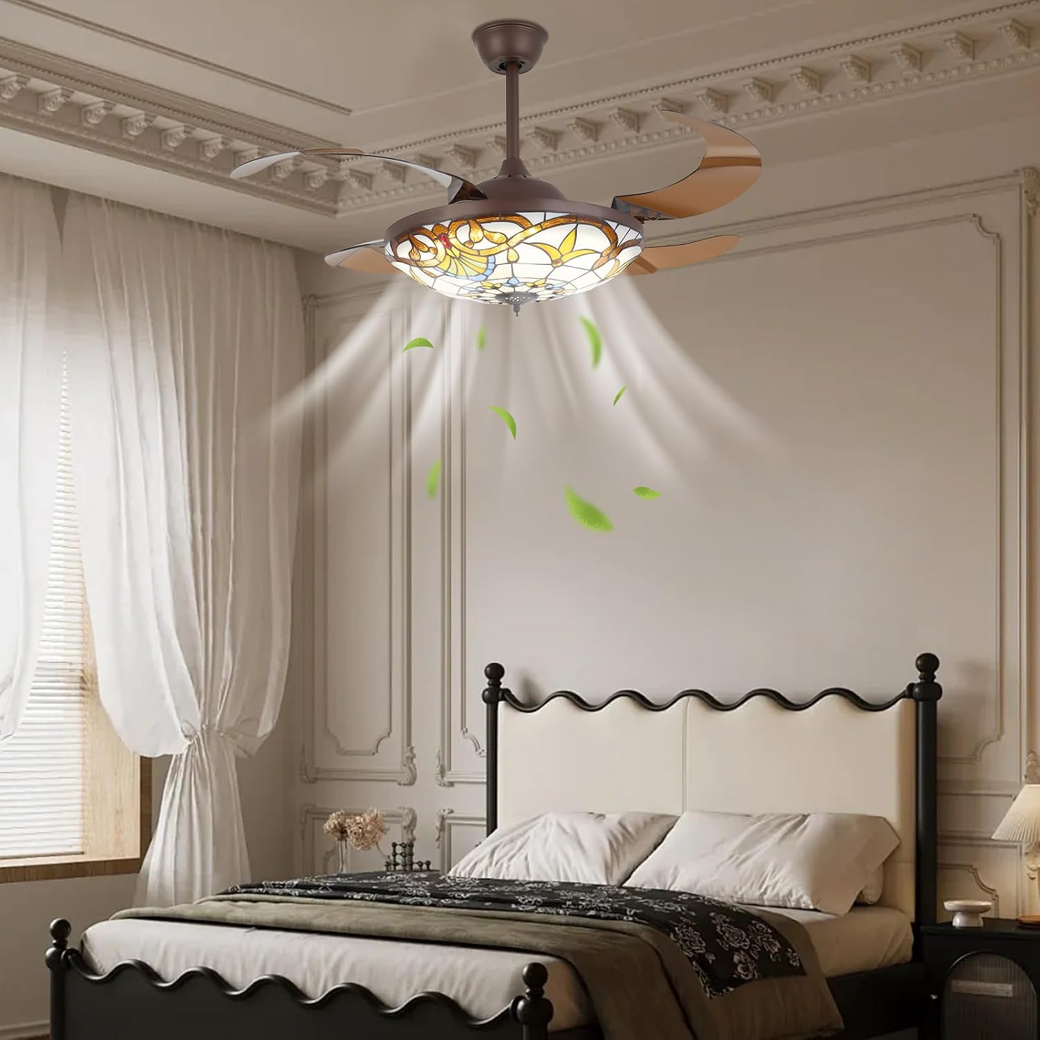 Retro 3 Color Ceiling Fan 3 Gear Wind Lights Ceiling Fan Chandelier with Remote Control, Flush Mount Ceiling Fan Lighting Fixture for Bedroom Store Office Loft-US Stock