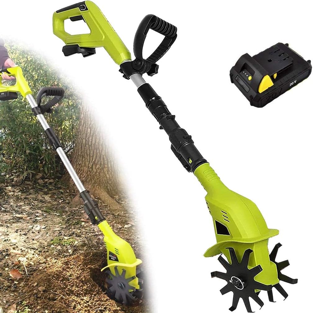 Cordless Tiller Cultivator 20V 2/4A Battery 250 max RPM Powered Tiller Cultivator, with 4000mAh Rechargeable Lithium Battery and Charger, for Graden Lawn and Yard,2batteries