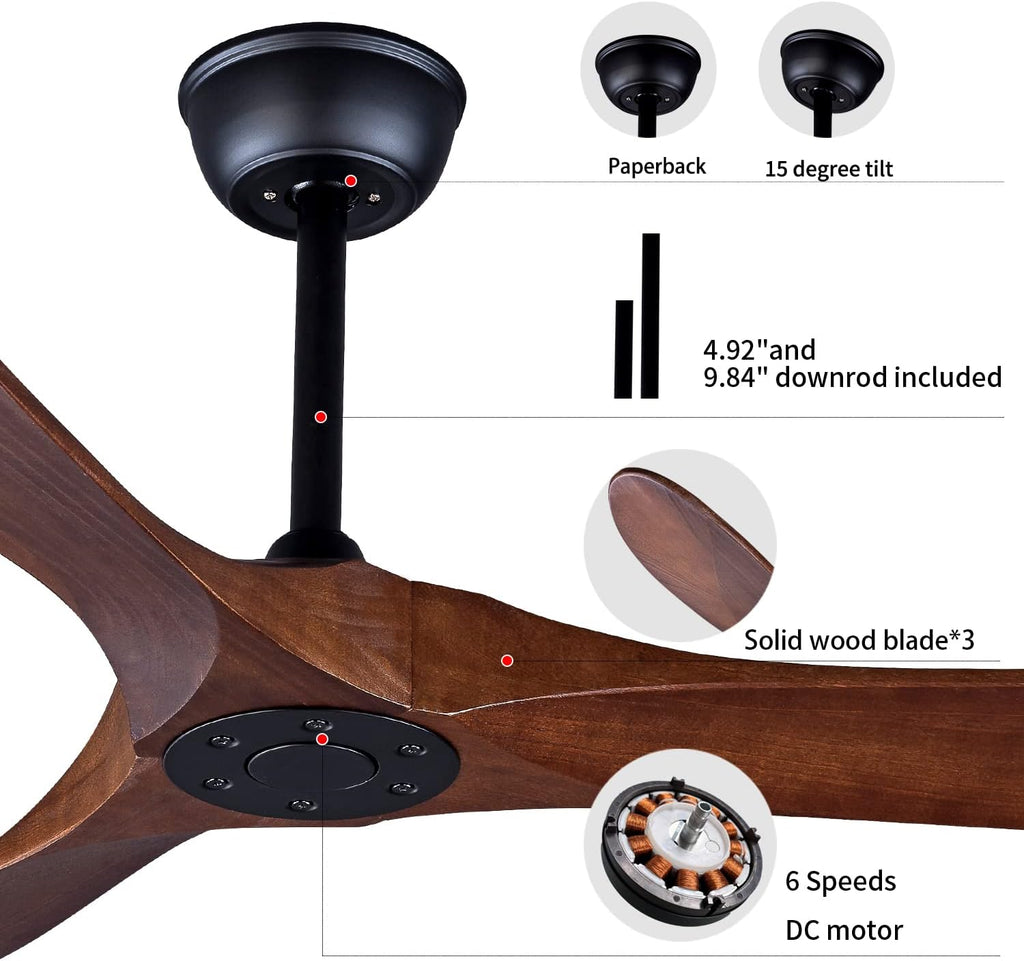 Bigzone 52' Outdoor/Indoor Ceiling Fans Without Lights, Energy Efficient DC Motor, 3 Balsa Wood Blades Ceiling Fan, Wood Ceiling Fan With Remote Control