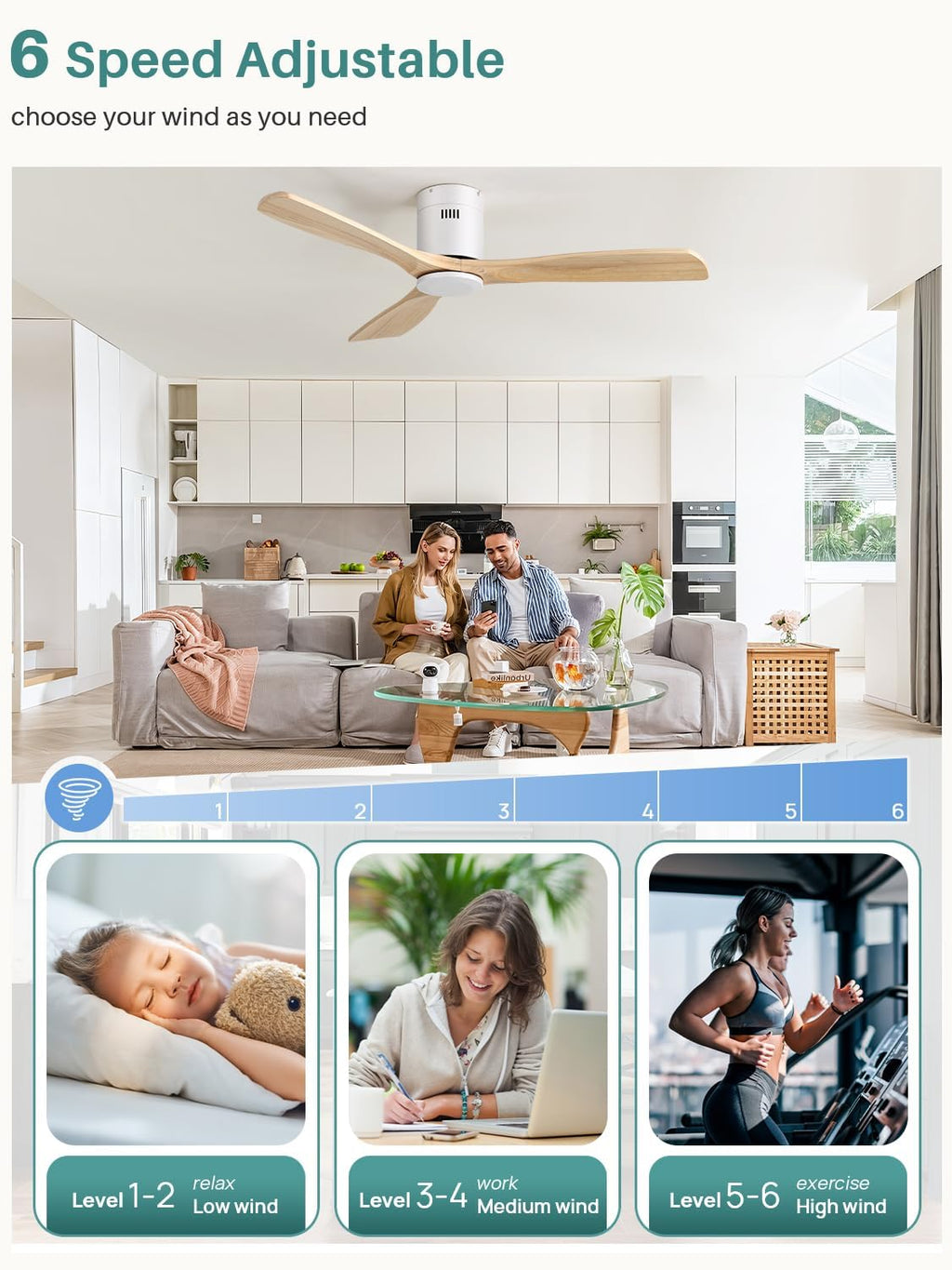 Sofucor 52 Inch Solid Wood Ceiling Fan Without Lights Flush Mount Ceiling Fans with Remote Control-Wood Blades Modern Outdoor Ceiling Fan No Light for Bedroom/Living Room/Patio/Indoor,Natural Wood
