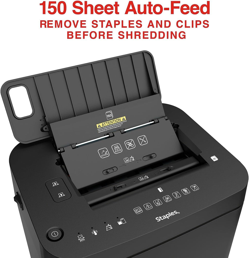 Staples 150-Sheet Micro-Cut Paper Shredder, Autofeed, Anti-Jam, 7.4-Gallon Pull-Out Bin, Black, for Home & Office, Black
