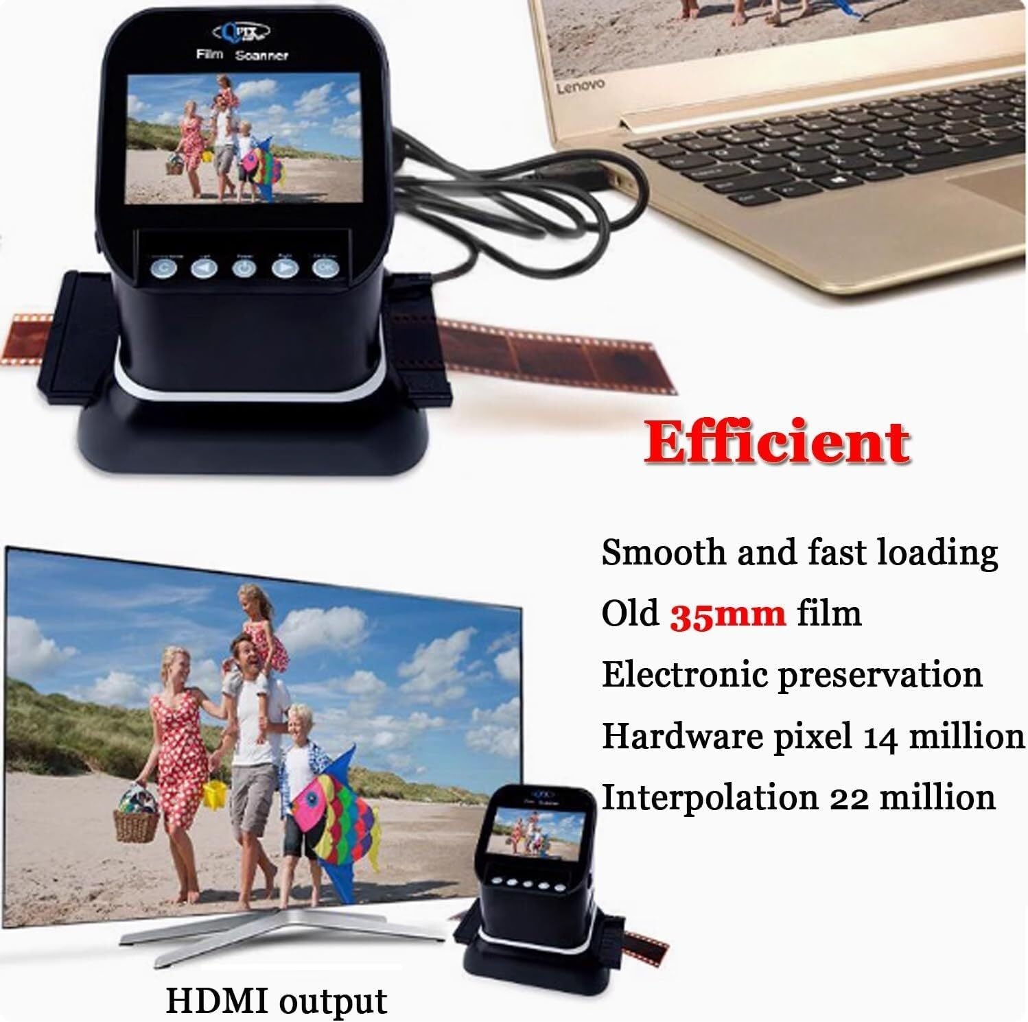 Digital Film & Slide Scanner, 22MP, 120/35mm/135 Film Scanner, LCD Screen, USB/AC Power, 8 Languages
