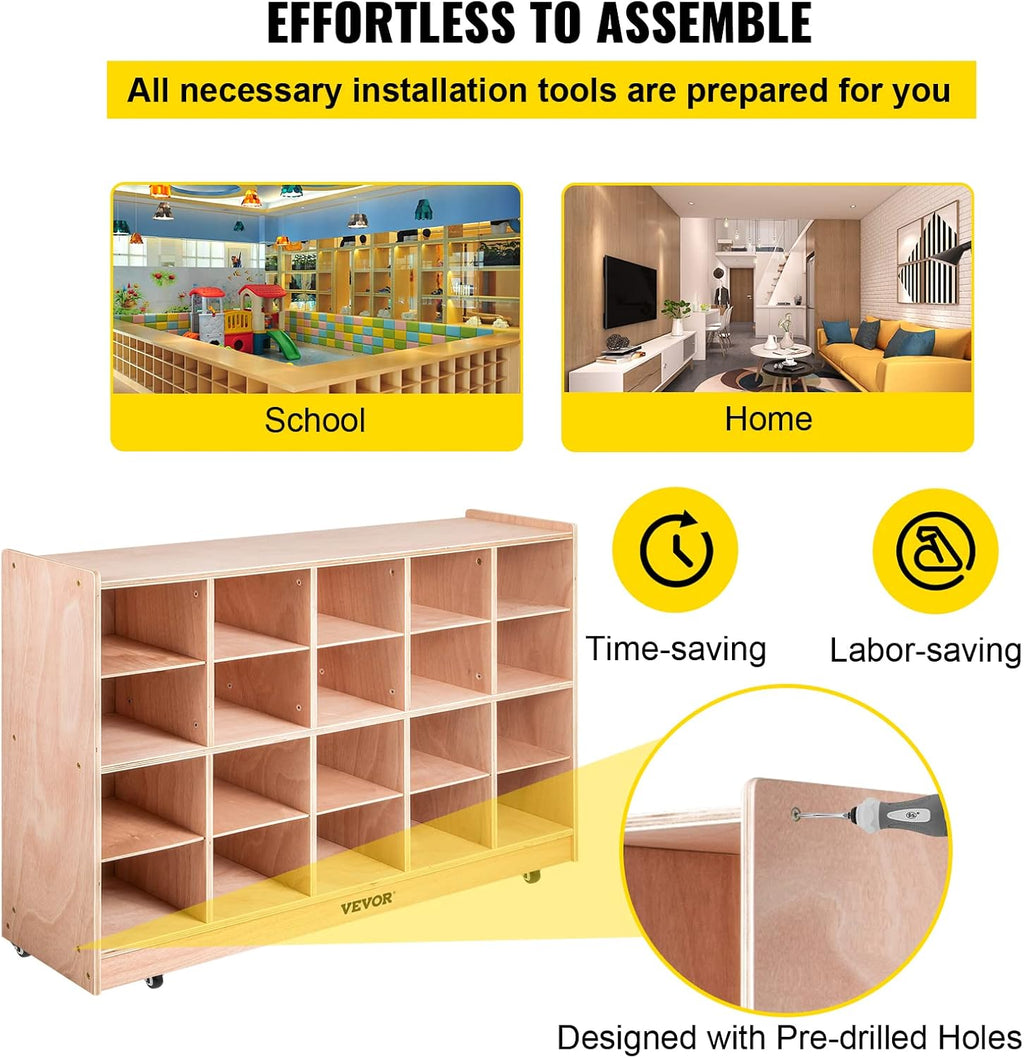 Happybuy 20-Section School Storage Locker, Wooden Storage Cabinet with 4 Casters, Classroom Cubbies for Storage, 15mm Thick Plywood Locker for Home, Office, School, Gym, Kindergarten