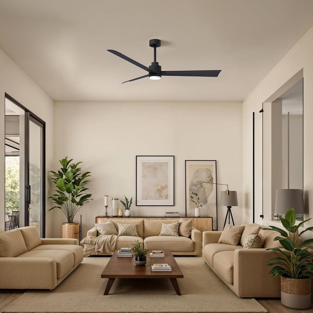 Matthews AKLK-BK-BK-56 Alessandra Wet Rated 56' Outdoor Ceiling Fan with Light and Remote, Silent DC Motor, 3 ABS Blades, Matte Black
