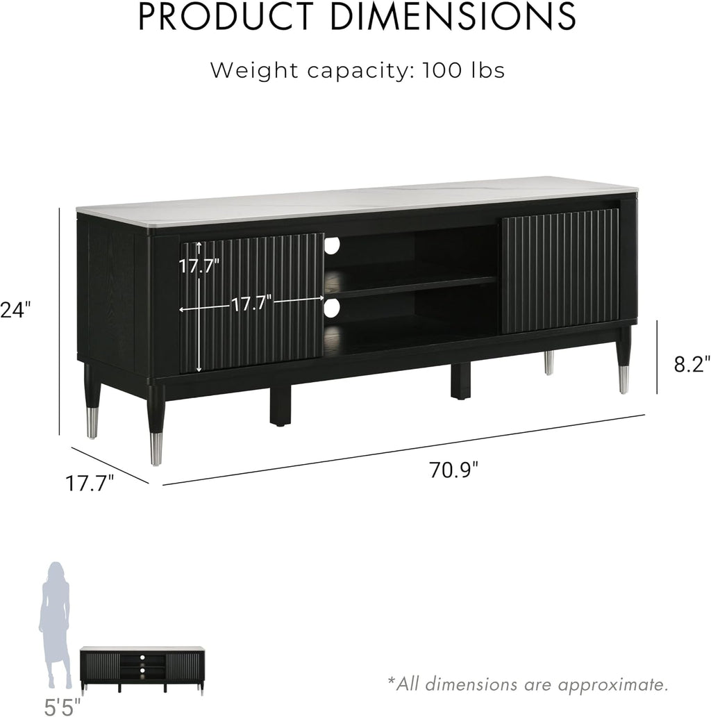 Furniture of America Miranda Modern Solid Wood 71-inch TV Stand with Sintered Stone Top, Reeded Front Panels, Open Shelf, Cable Management for Living Room, Black and White