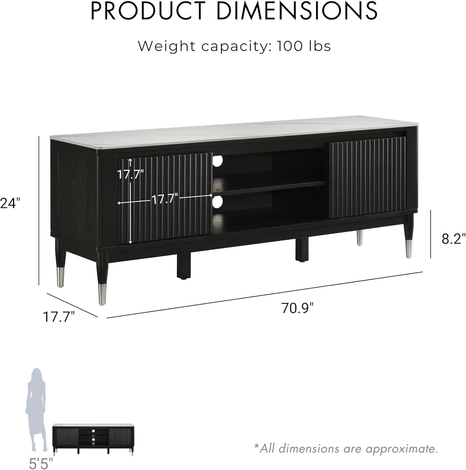 Furniture of America Miranda Modern Solid Wood 71-inch TV Stand with Sintered Stone Top, Reeded Front Panels, Open Shelf, Cable Management for Living Room, Black and White