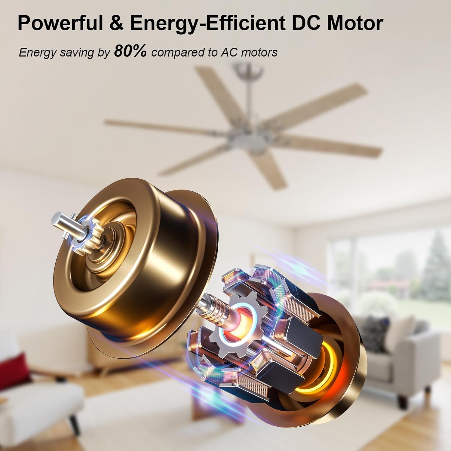 WINGBO Ceiling Fan no Light - 64 inch Ceiling Fan with Remote Control,6 Blades Modern Ceiling Fan, 6-Speed Noiseless Timer Powerful DC Motor, ETL Listed, Indoor/Outdoor, Nickel + Light Wood