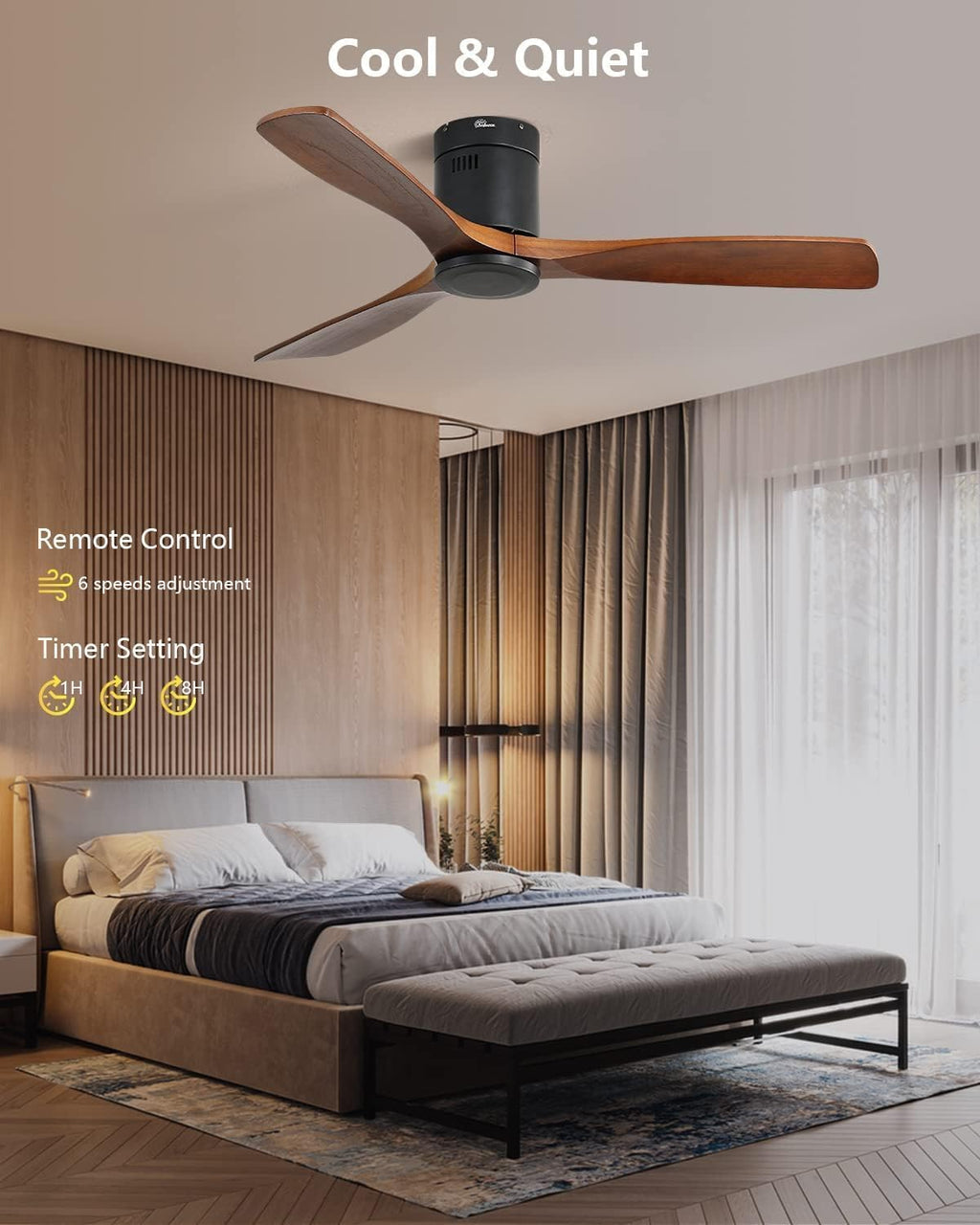 Sofucor Ceiling Fan No Light, 52 Inch Flush Mount Ceiling Fan With Remote Control, Indoor/Outdoor Ceiling Fans Without Lights, Reversible DC Motor, 3 Blade Solid Wood Ceiling Fans for Bedroom Patio