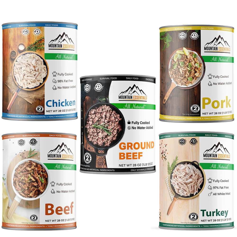 MOUNTAIN ESSENTIALS Canned Meat Sampler Pack 28 Oz – 1 Can Each of Chicken, Turkey, Pork, Beef & Ground Beef – Fully Cooked, Ready to Eat – Pantry Staples for Daily Use & Emergency Meals – 5 Cans